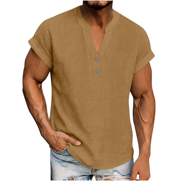 cfhntfmh Cotton Linen Henley Shirts for Men Casual Short Sleeve V Neck Muscle Shirt Summer Beach T-Shirts Trendy Clothes
