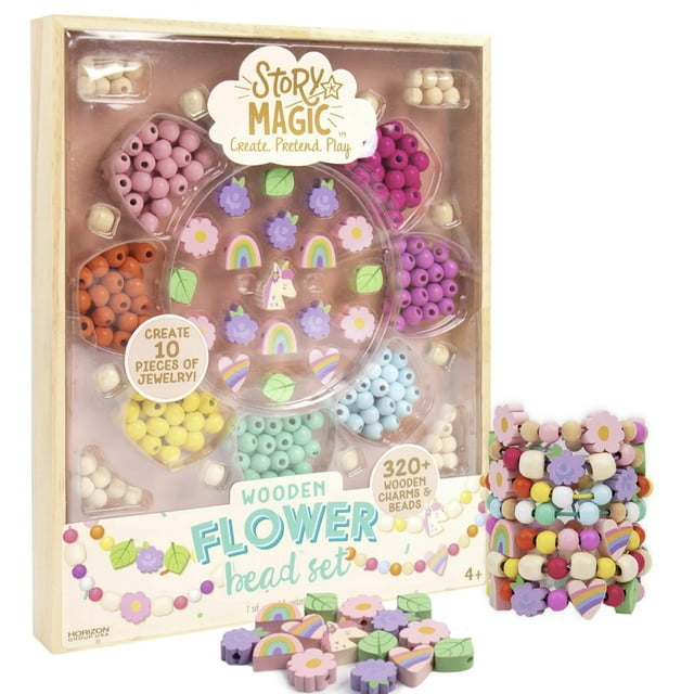 Story Magic Juego de cuentas de flores de madera Más de 300 cuentas y dijes de madera con orificios grandes para pulseras de cuentas Kit para hacer pulseras Kit de pulseras de flores Dijes de pulsera