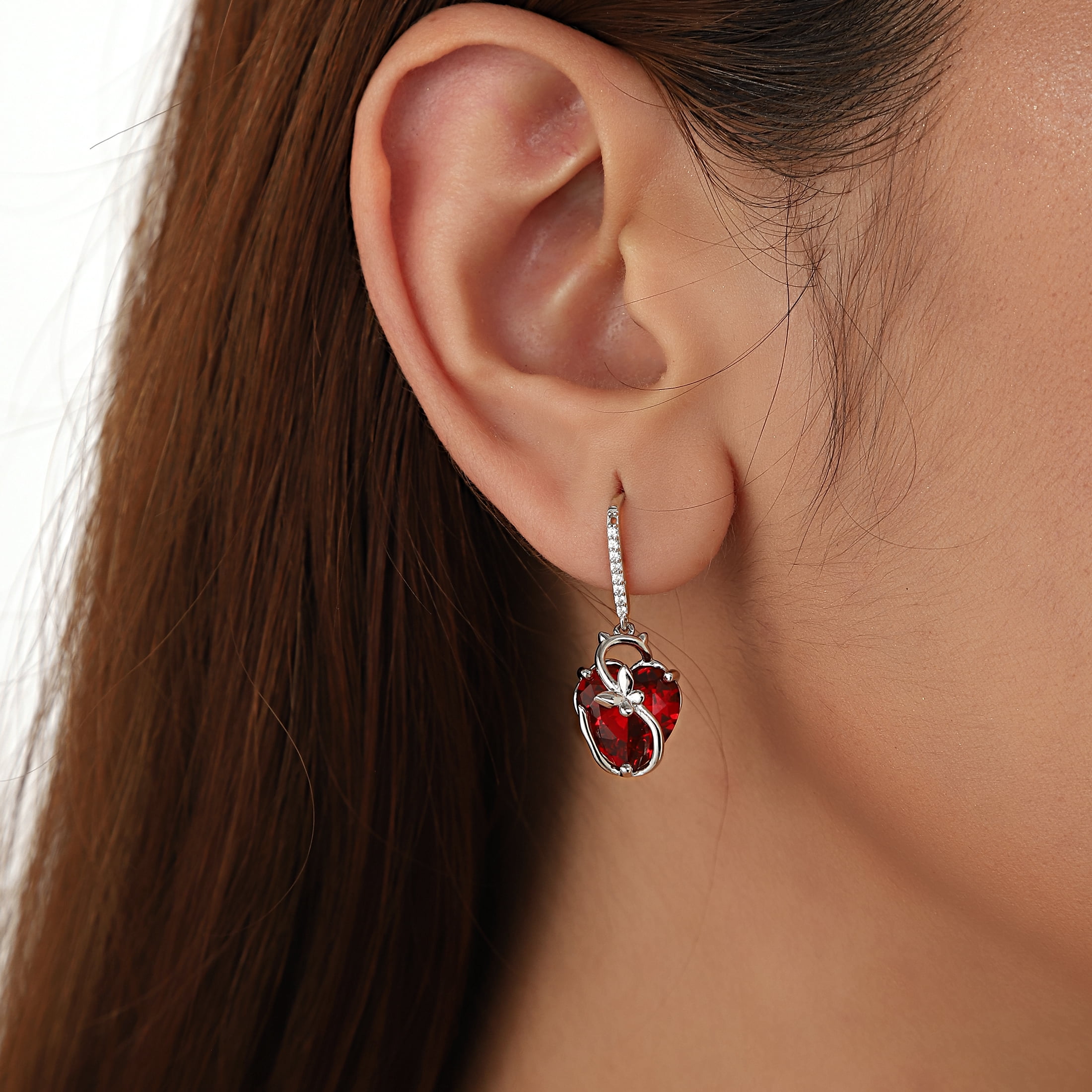 Juwaliy Cat Butterfly Earrings for Women 925 Sterling Silver Earrings Dangle Hook Red Heart Garnet January Birthstone Jewelry Mother Christmas Birthday Valentine's Day Gift for Mom Wife