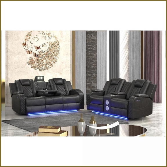 BENZ 2-Piece Power Reclining Sofa & Loveseat Set – Modern Pebbled Faux Leather | Black | Cushion Back | LED Lights & USB Ports