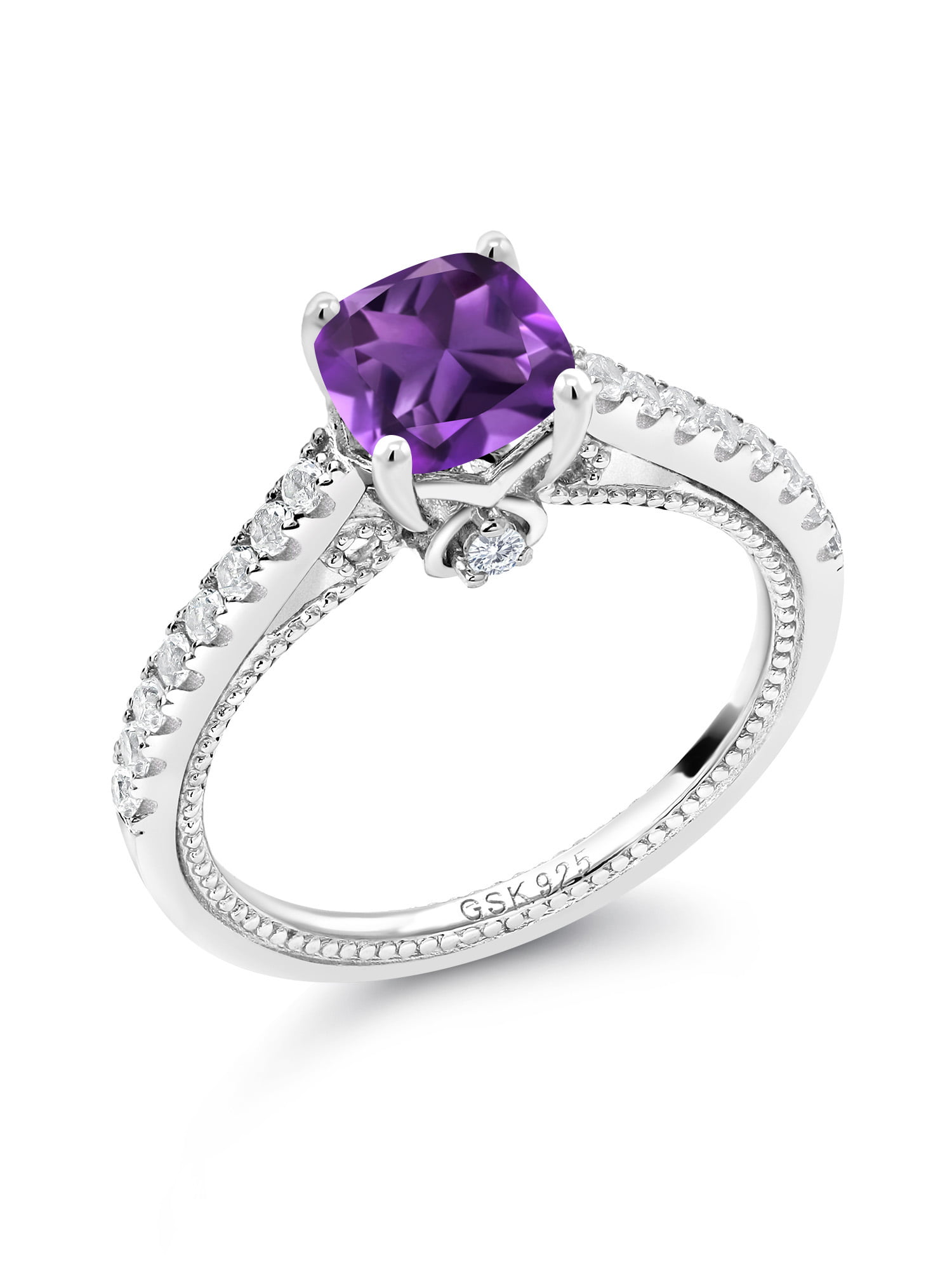 Gem Stone King 1.24 Ct Cushion Purple Amethyst White Created Sapphire 925 Sterling Silver Ring 