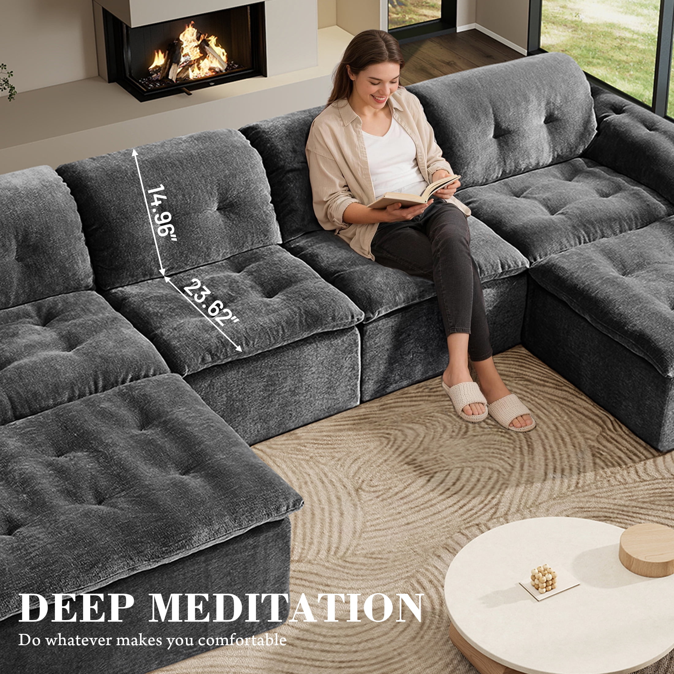 Aukfa 6-Piece U-Shaped Modular Sectional Sofa with 2 Ottomans for Living Room, Ice Flower Chenille, Gray