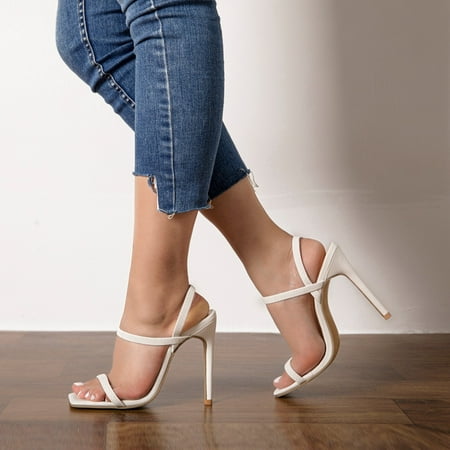

Women‘s Fashion Solid Color Stiletto Heeled Ankle-strap Sandals Slingback Square Toe Faux Leather Sandals Women‘s Footwear