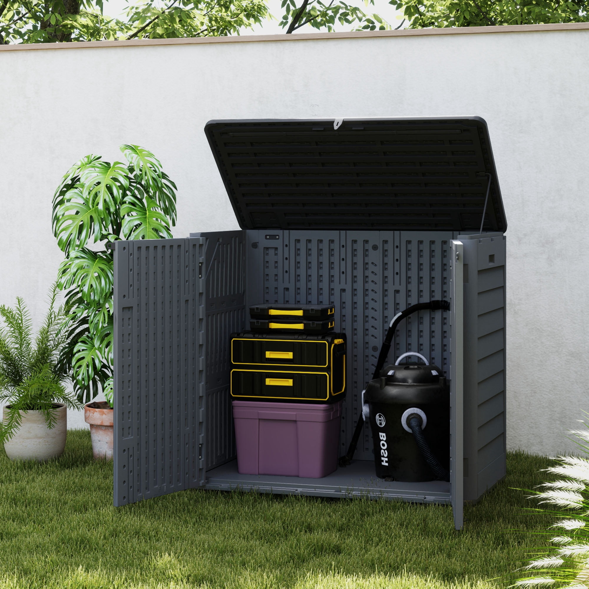 Uforic Resin Storage Cabinet Outdoor, 30 Cu Ft Outdoor Storage Shed for Backyard/Garden, Dark Gray & Black