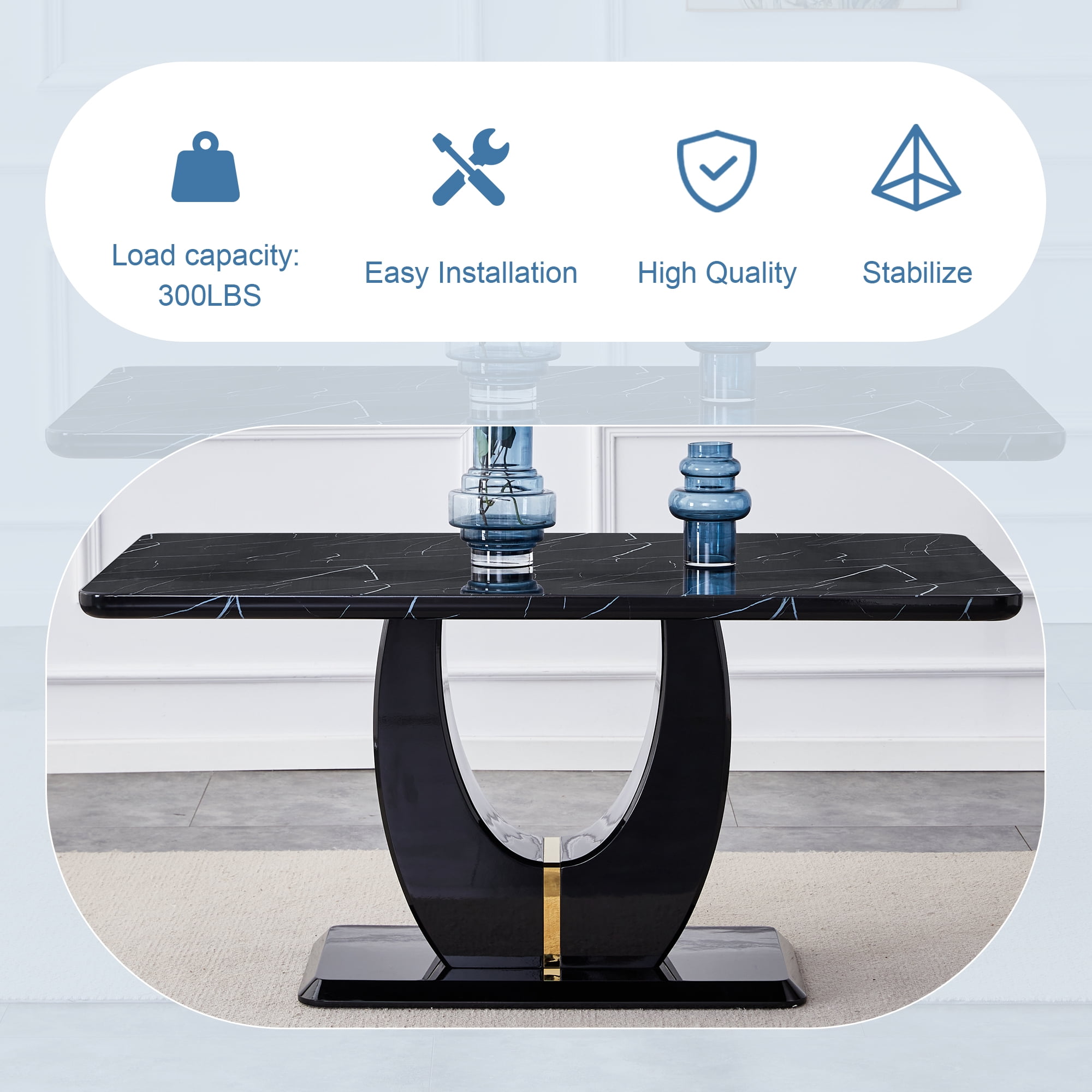 JUFU Modern Dining Table for 6 , 63'' Faux Marble Table with MDF Marble Tabletop, Easy Assembly Kitchen and Dining Room Table with Durable Frame, Scratch and Heat Resistant, Ideal for Dining Room