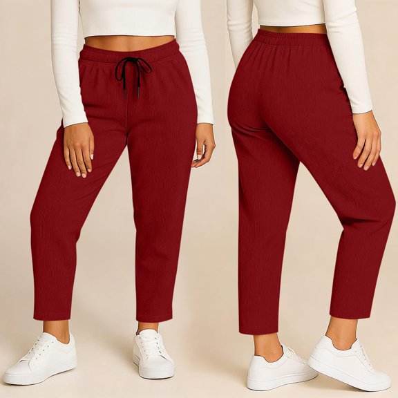 Caywon Women's Plus Size Solid Color Corduroy Wide Leg Pants Elastic Waist Loose Fit Sporty Casual Full-Length Trousers with Pockets for Daily Outdoor Leisure