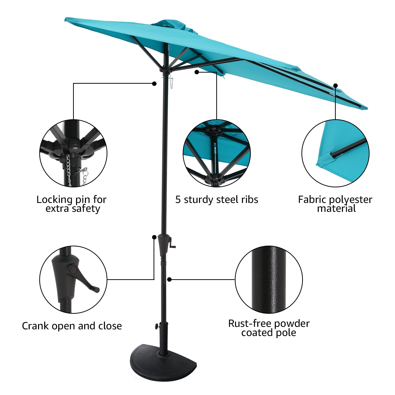 COBANA 7.5’ by 4’ Half Rectangular Outdoor Patio Umbrella for Patio, Balcony, Garden, Deck, Blue