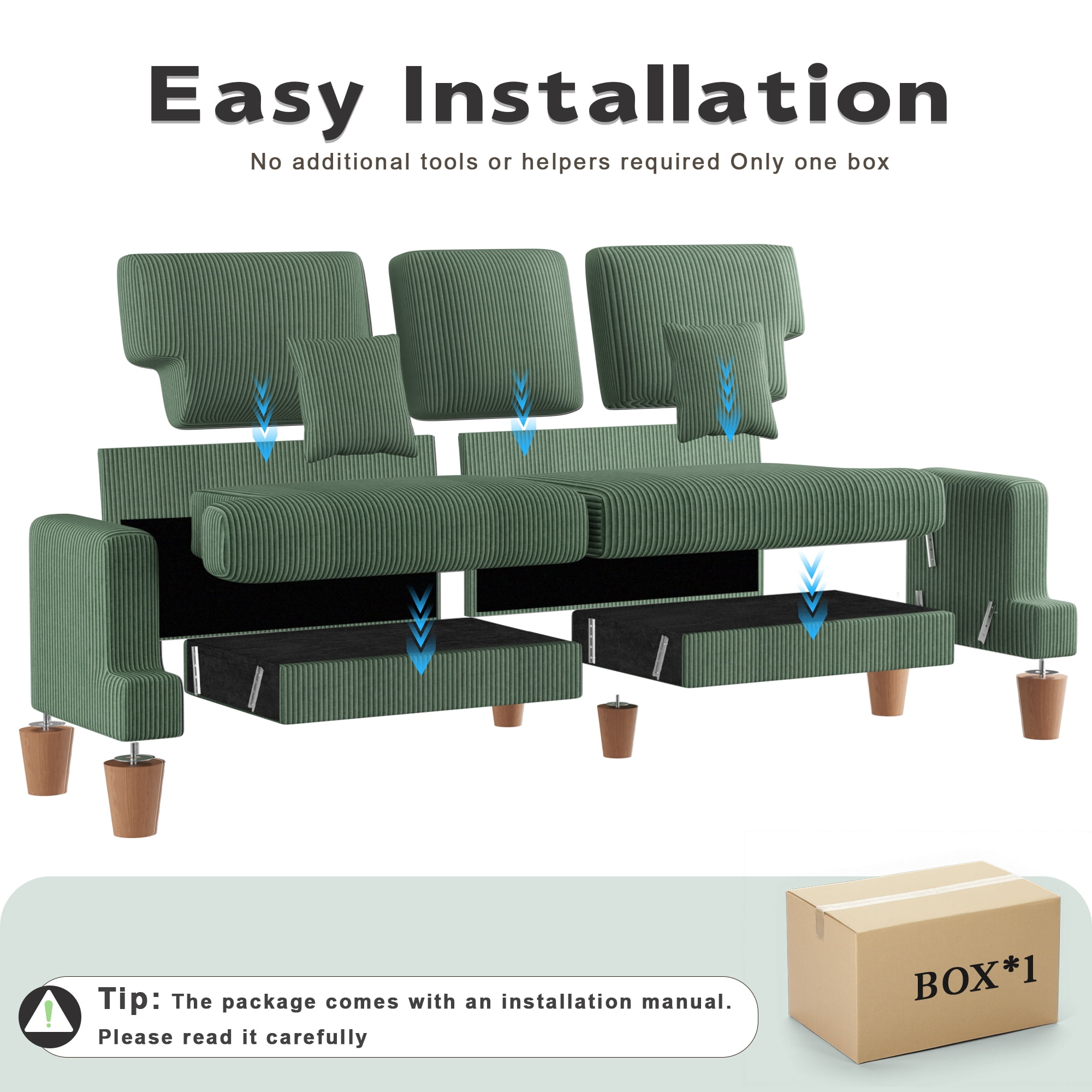AAQZ 87" Corduroy Sofa Couch for Living Room, 3 Seater Deep Seat Comfy Couch in a Box, 2 Cushions, 2 Pillows Tool-Free Setup,Green
