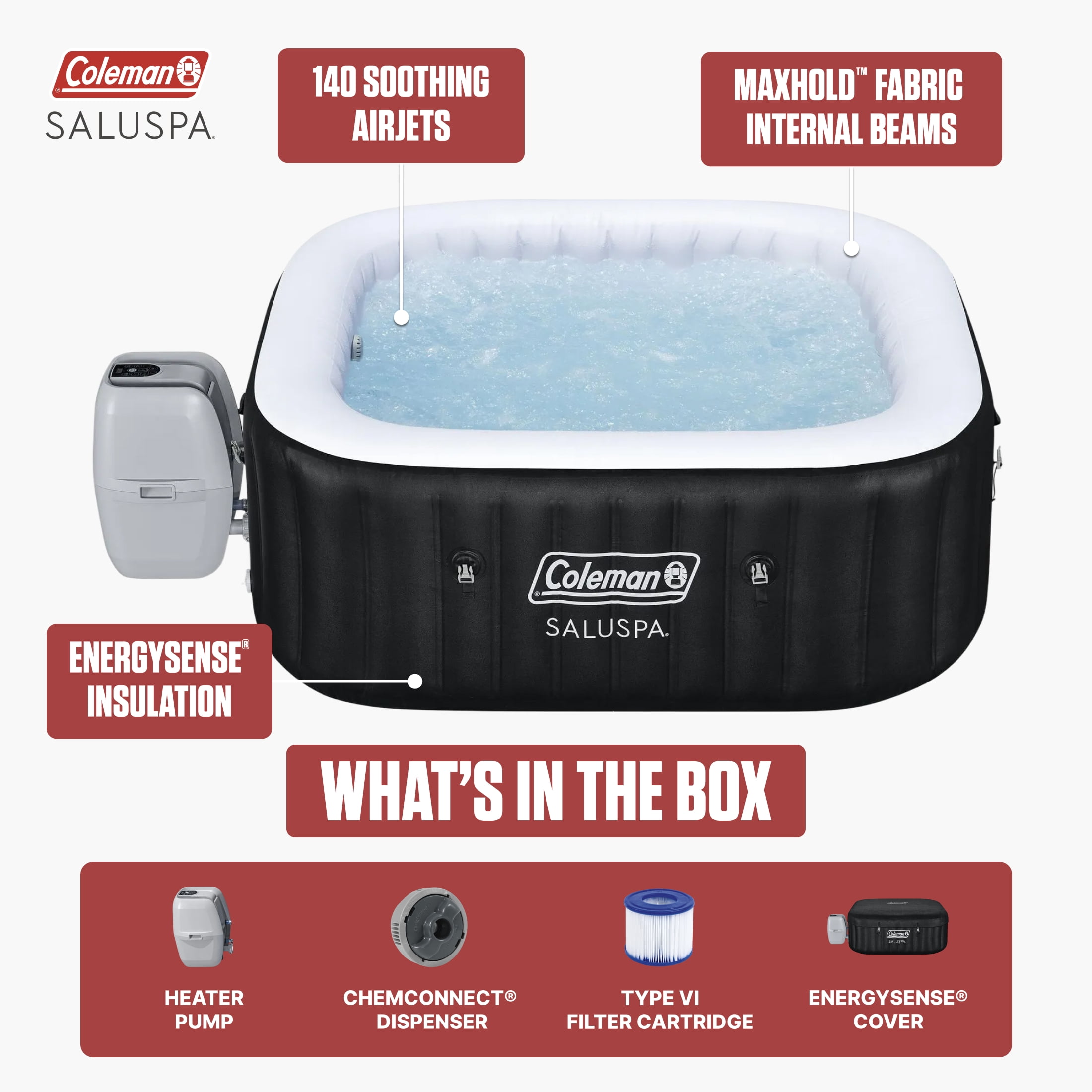 Coleman Hawaii 4-6 Person AirJet Inflatable Hot Tub with EnergySense Cover, Black, 71"x28"