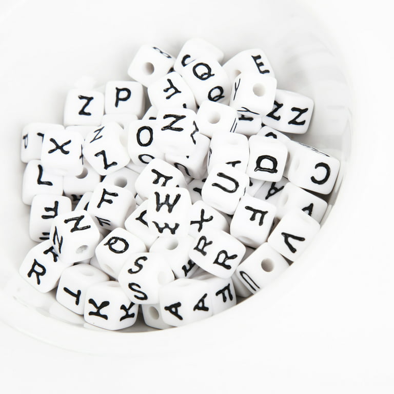 Alphabet Beads, Assorted Letters, 6mm Cube, White With Black Letters (250  Pieces)