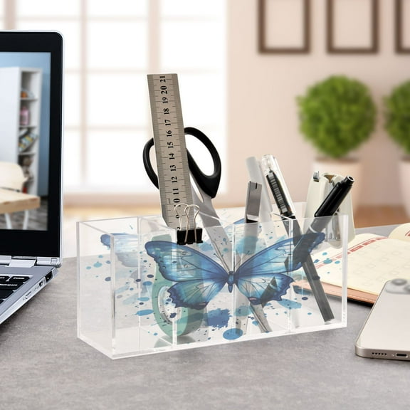 WOBOGO Blue Butterfly Acrylic Pen Holder 4 Compartments Clear Pencil Organizer Makeup Brush Storage Case