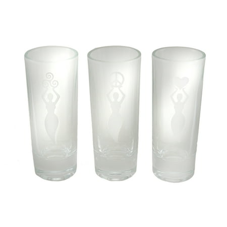 - Set of 3 Etched Art Glass Spirit of Love Peace Life Tall Shot Glasses