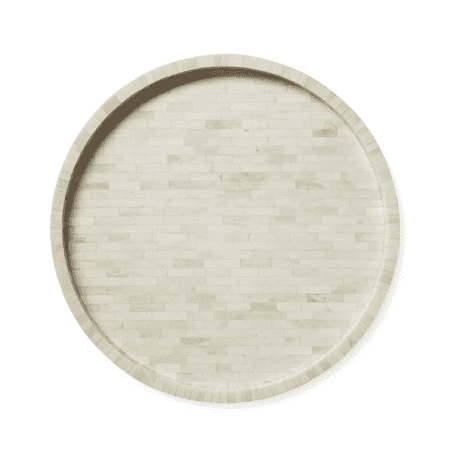 Rudraksha Corporation Bone Inlay Round Serving Tray, Minimalist Rectangular Pattern, Ivory Off-White, Raised Edge, 1 Piece