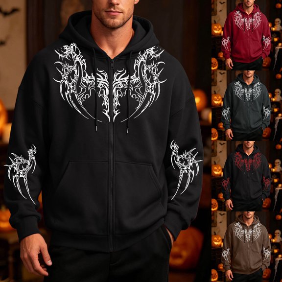 VeFlora Y2K Graphic Zip Up Hoodie for Men, Long Sleeve Drawstring Oversized Sweatshirt for Daily Wear Party(Black1/L)