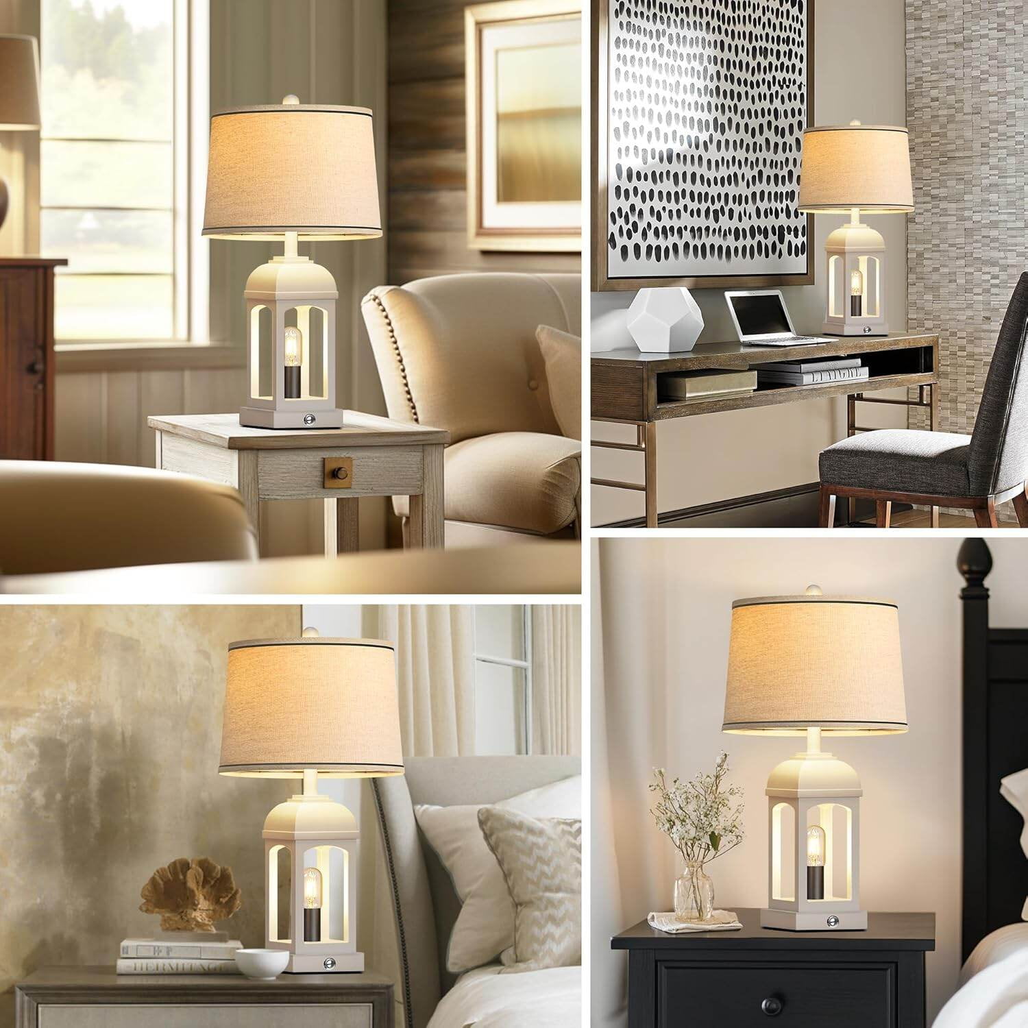 Set of 2 White Rustic Table Lamps with USB Ports & Nightlight - 3-Way Dimmable Touch Control, 26" Farmhouse Style