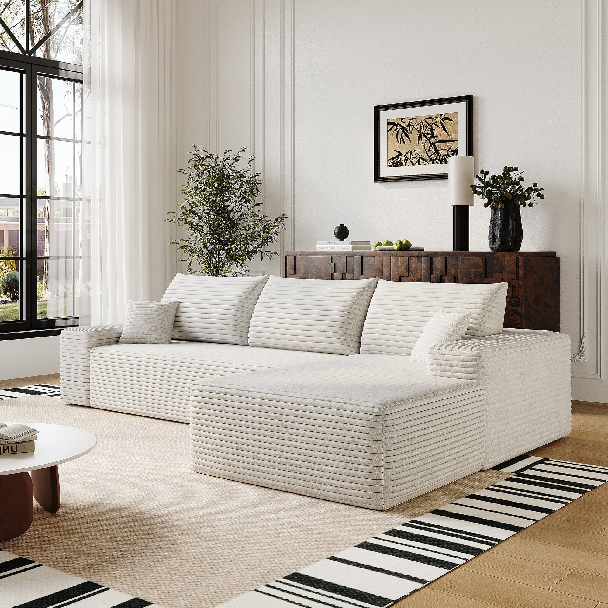 Sailvan 107" Cloud Sectional Couch, Cloudy Sofa with L-Shape Chaise, Upholstered Couches for Living Room & Bedroom, No Assembly Required, Plush Corduroy Fabric, Beige