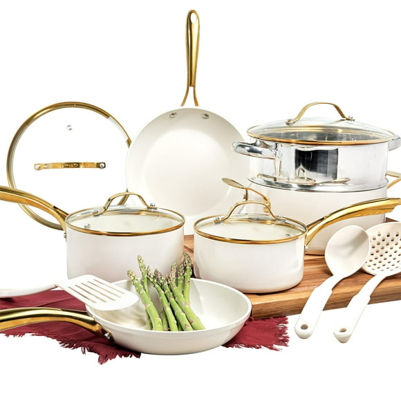 Gotham Steel - Juego de utensilios de cocina de cerámica de 15 piezas, juego de ollas y sartenes de cerámica antiadherentes con utensilios de cocina y vapor, no tóxico PFOA última intervensión de PFOS