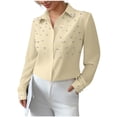 thumbnail image 2 of Babysbule Women's Long Sleeve Pearl Beaded Collared Button Down Blouse, Elegant Solid Color Casual Top for Office Party and Daily Wear, 2 of 6