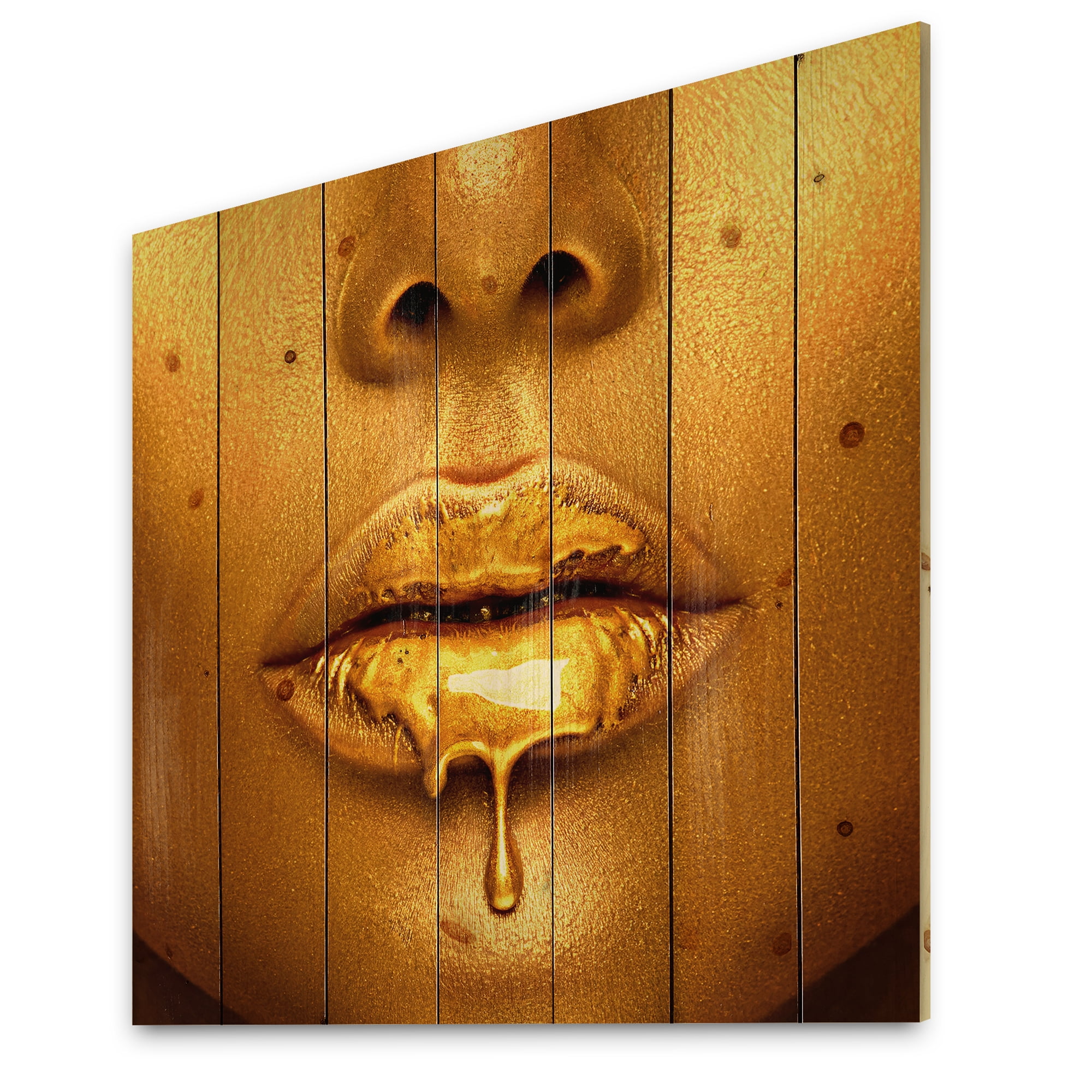 Designart 'Gold Paint Drips From Sexy Girl Lips' Modern Print on Natural Pine Wood