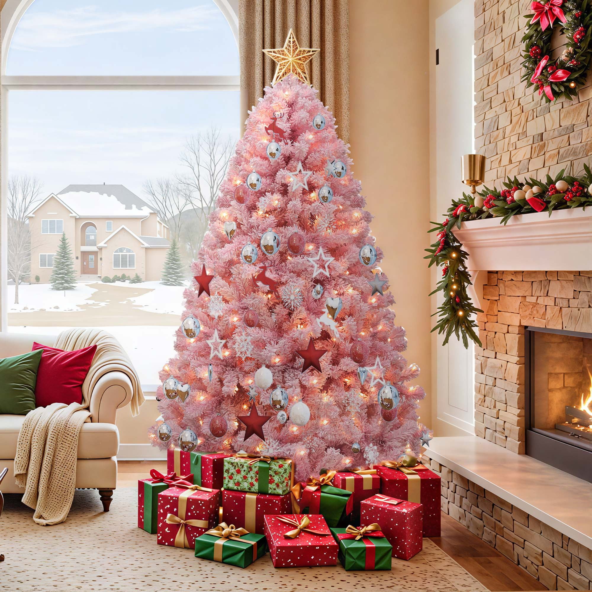 DEXTRUS 7.5Ft Pre-Lit Flocked Artificial Christmas Tree with 1346 PVC ...