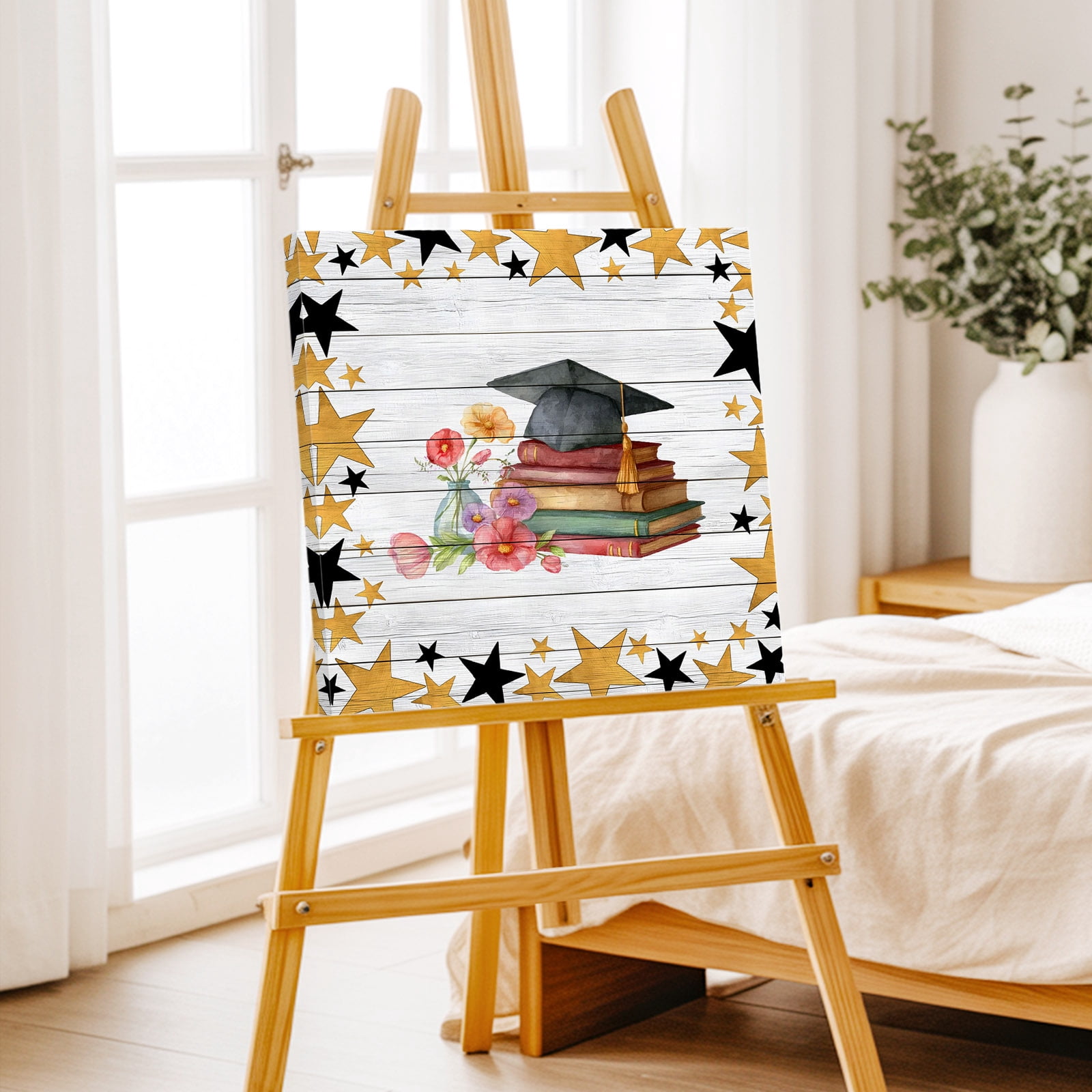 Graduation Cap Canvas Wall Art for Living Room, Watercolor Red Flower Gold Star Vintage Book Wood Striped Poster Print Painting for Bedroom Office Home Decor Wall Pictures Prepare To Hang 16"x16"