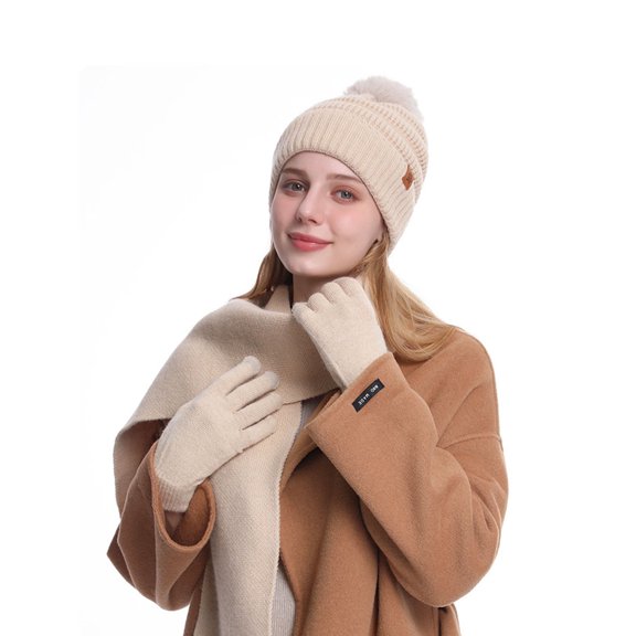 Xfvqtps Women Hat Scarf Glove Set Knit Plush Pompom Solid Color Touchscreen Winter Warm Stretchy Extended Beanie Neck Warmer Gloves Set Beige