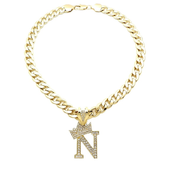 iJewelry2 Kings and Queens Crowned Initial Letter N Crystals Pendant Gold-tone Cuban Linked Chain Necklace