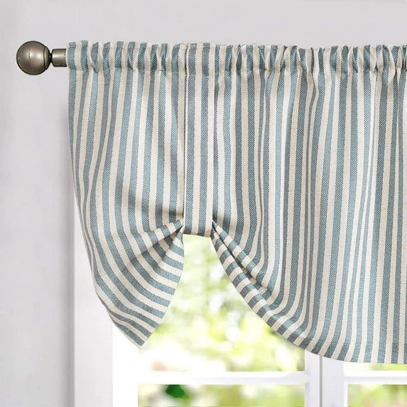Vangao Kitchen Valance Linen Stripe Short Curtain 1 Panel Farmhouse Country Pinstripe Light Filtering Rod Pocket Window Treatment 18 inch Blue on Beige