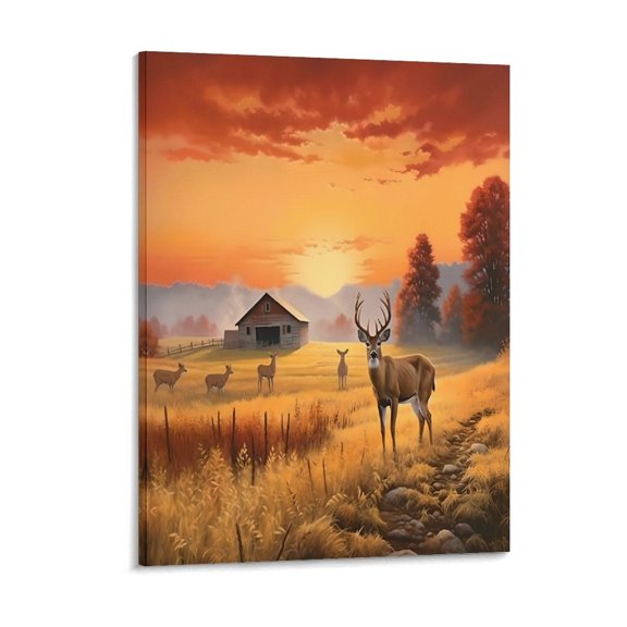 RKSupls Buck Barn Sunset Stream Stones Canvas Wall Art Framed Painting, Modern Home Decor Print for Living Room Bedroom Office Wall Decoration