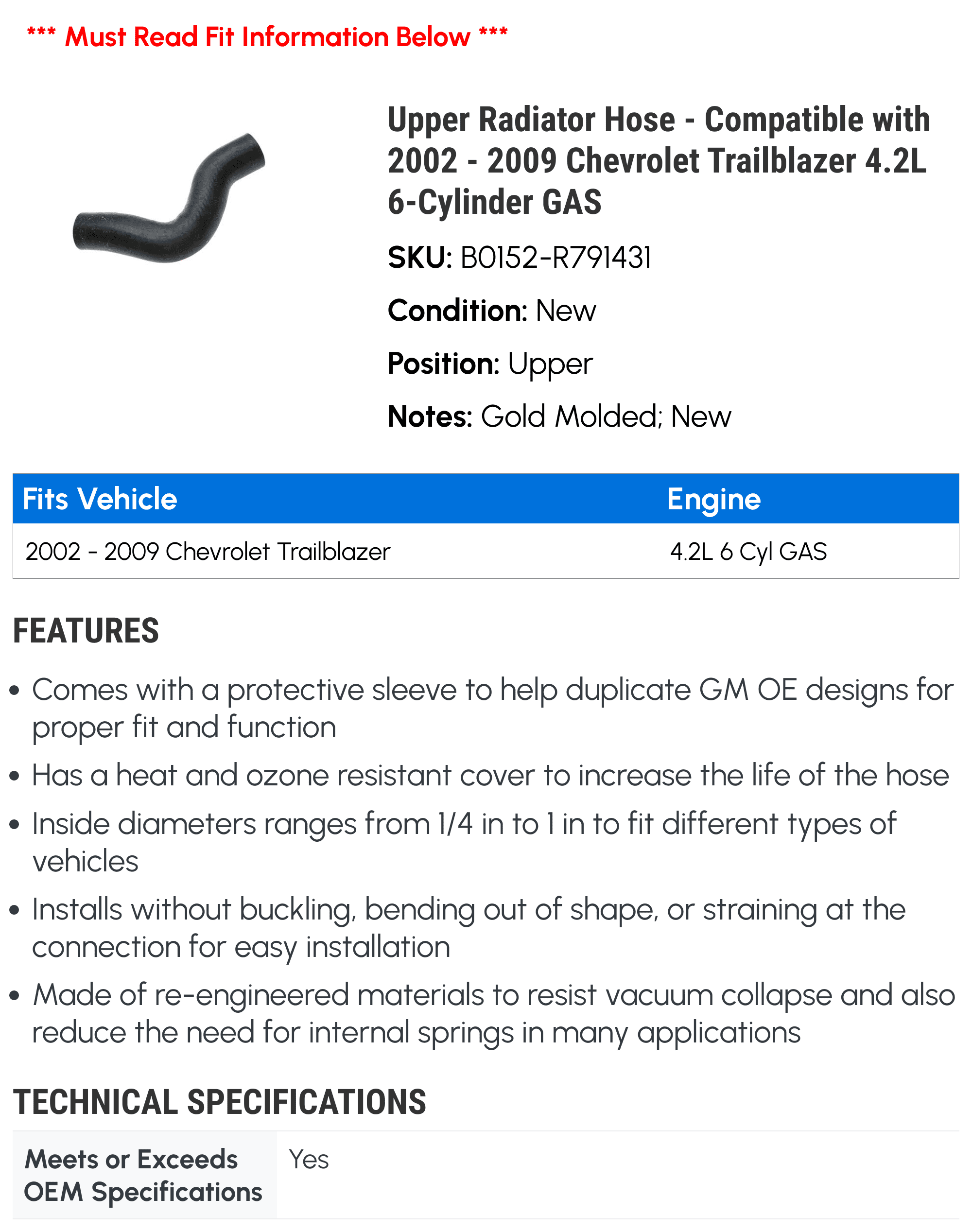 Upper Radiator Hose - Compatible with 2002 - 2009 Chevrolet Trailblazer 4.2L 6-Cylinder GAS - AC Delco
