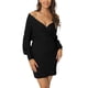 thumbnail image 1 of Vestido de suéter mini casual de otoño e invierno para mujer con escote en V profundo, mangas de linterna, ajuste ceñido, talla XL, negro, 1 of 6