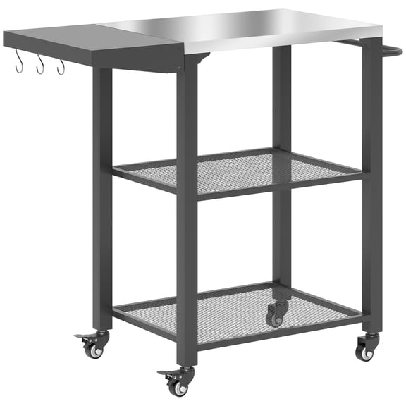 Homiyad Three-Shelf Outdoor Grill Cart Table with Foldable Side Table, Stainless Steel Top Pizza Oven Stand with Hooks, Silver