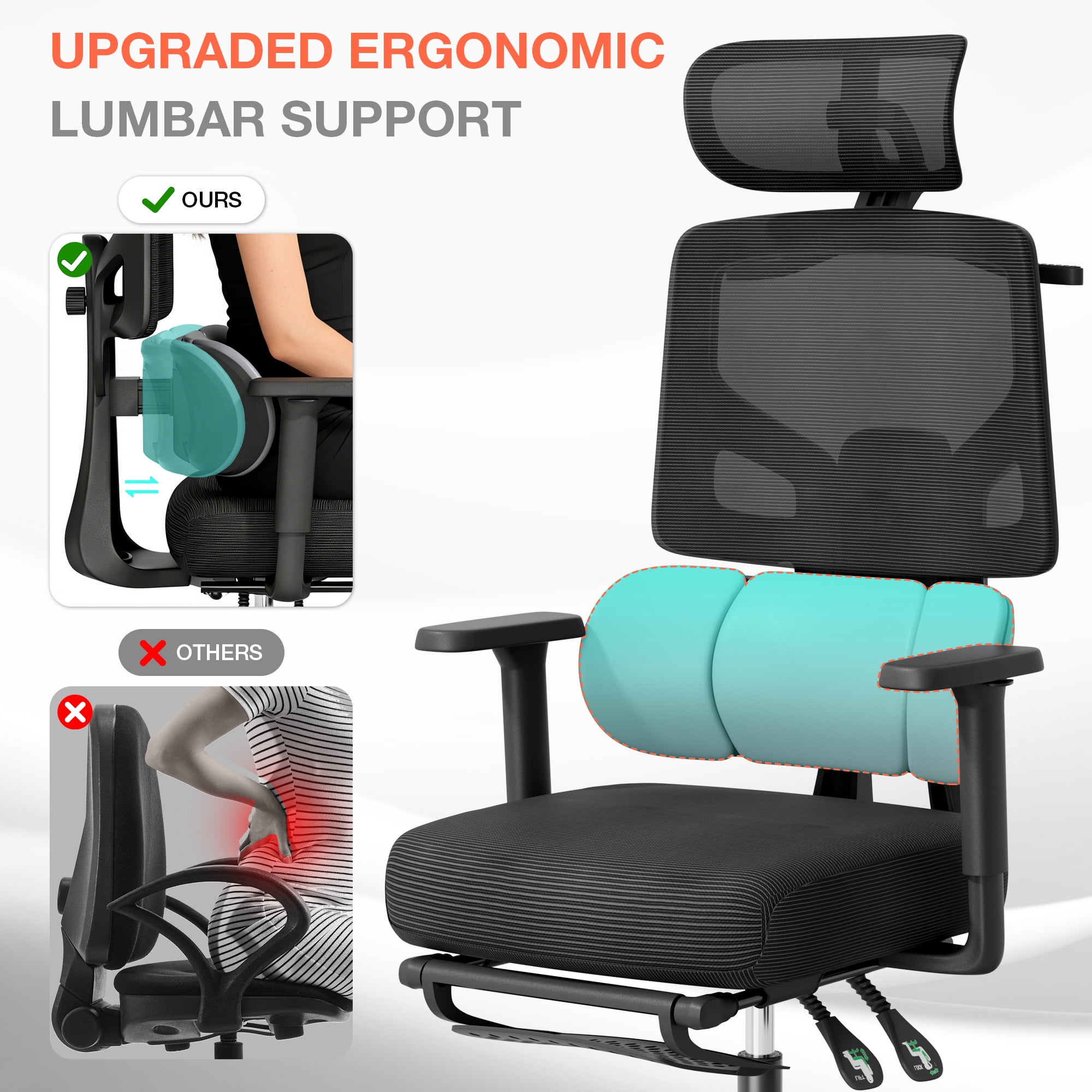 Mr IRONSTONE Ergonomic Office Chair with Footrest, Heavy Duty 400lbs Mesh Desk Chair with 3-Zone Lumbar Support, 145 Degree Reclining Computer Chair with Multi-Axis Armrests, Black