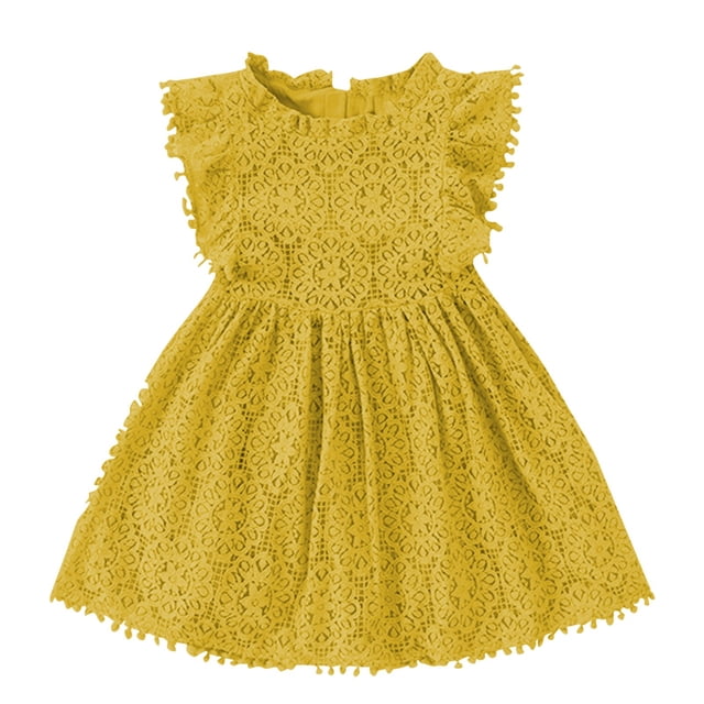 MeetoTime Robe d'Été en Dentelle pour Filles Manches Volantes Col Rond Robes Couleur Unie 1.5-6 Ans Vêtements pour Bébé