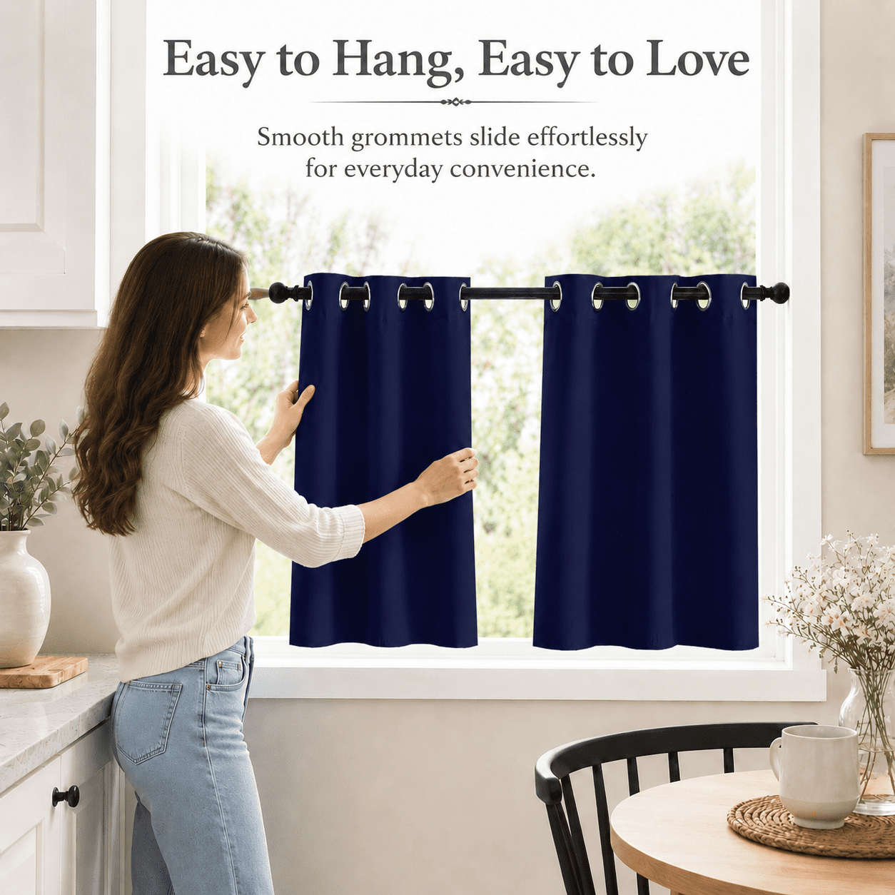 Lapalife 2 Panel Blackout Kitchen Curtains, Grommet Short Window Curtains for Kitchen Bathroom Cafe, Navy Blue, 33"x 36"
