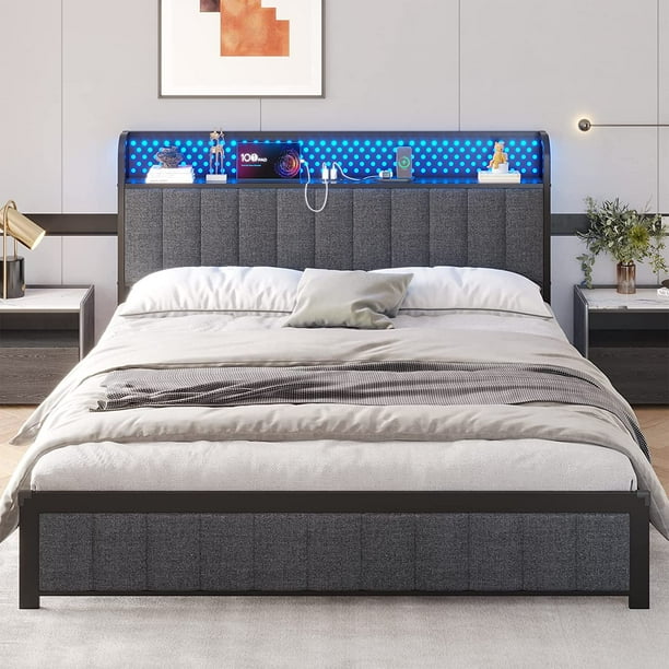 Queen Size LED Bed Frame with Charging Stations&Storage Headboard