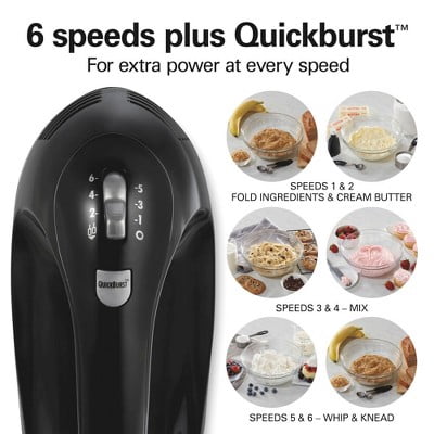 6 Speed Hand Mixer with Easy Clean Beaters Snap-On Case 7 Attachments Black : 275W, Dishwasher-Safe Parts