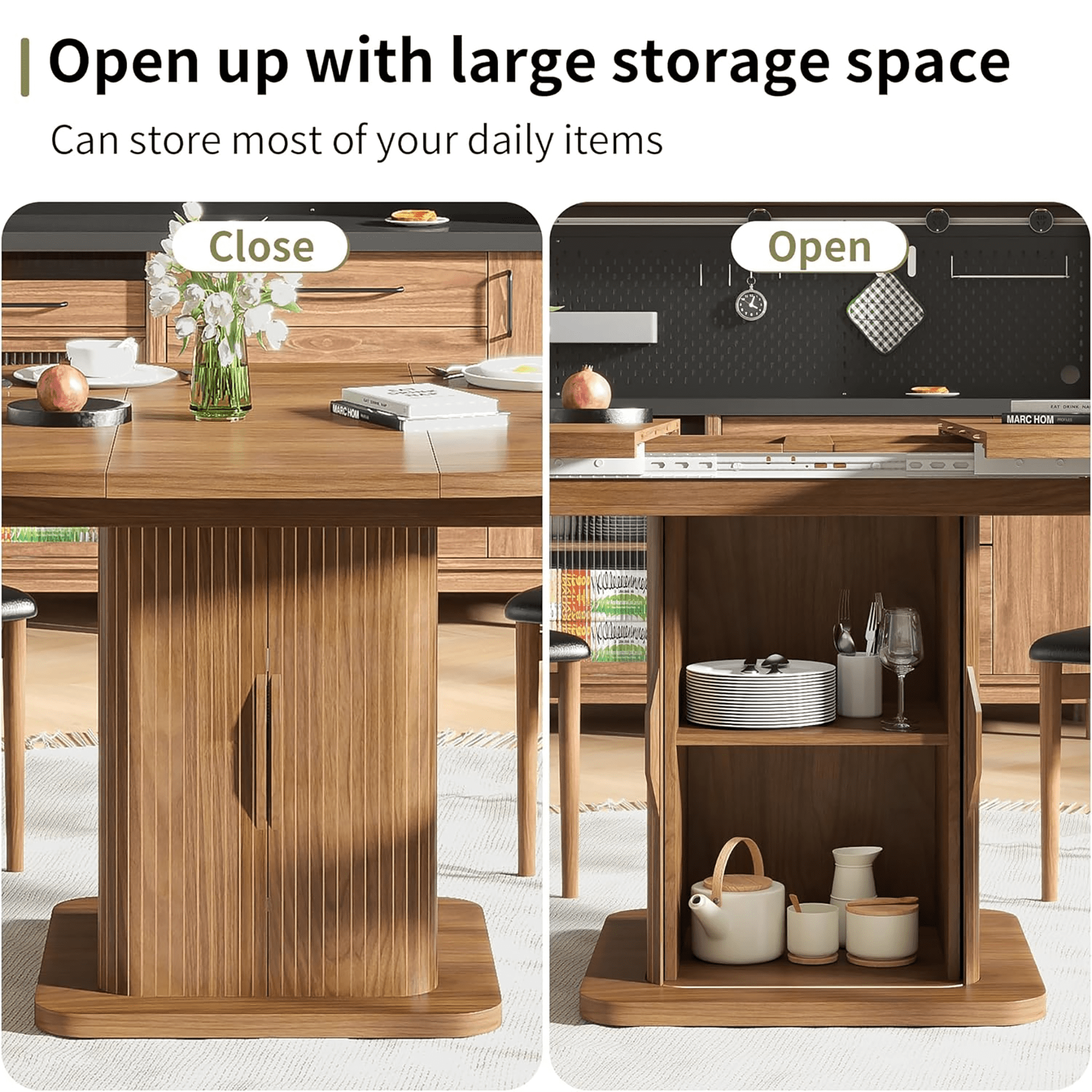Round Dining Table for 4-8, 43.3''-59'' Extendable Kitchen Table Dinner Table with 2-Layer Storage Shelf and Wood Slide Door for Home Living Room, Walnut