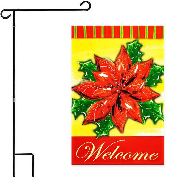 G128 Combo Pack: Garden Flag Stand Black 36x16IN & Garden Flag Welcome Red Poinsettia 12x18IN