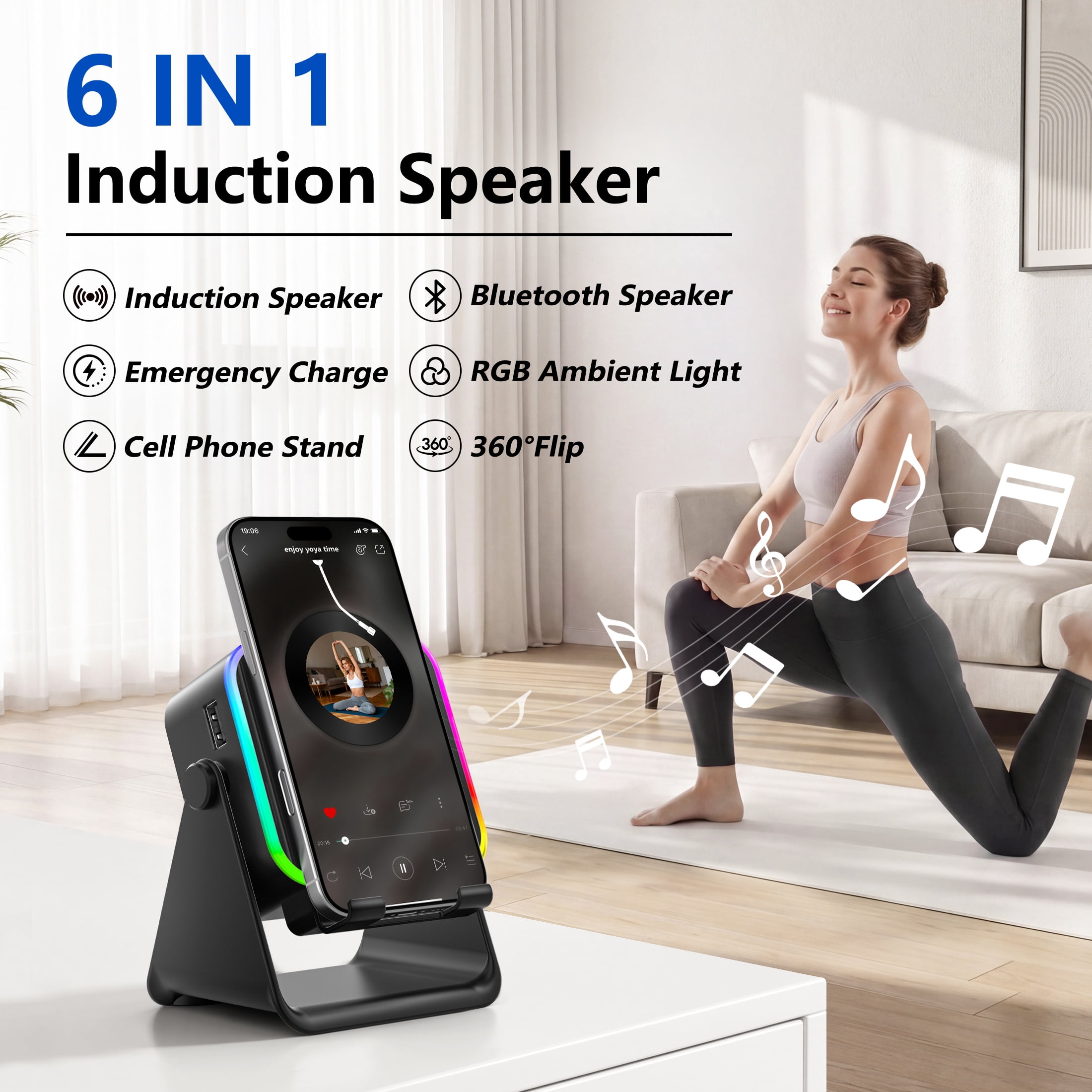 Wireless Induction Speaker, 6 in 1 Cell Phone Stand with Bluetooth Speaker, HD Stereo Sound, 5000mAh Rechargeable, Colorful Ambient Light, Compatible with Iphone/Android/Ipad, Gifts for Men Women