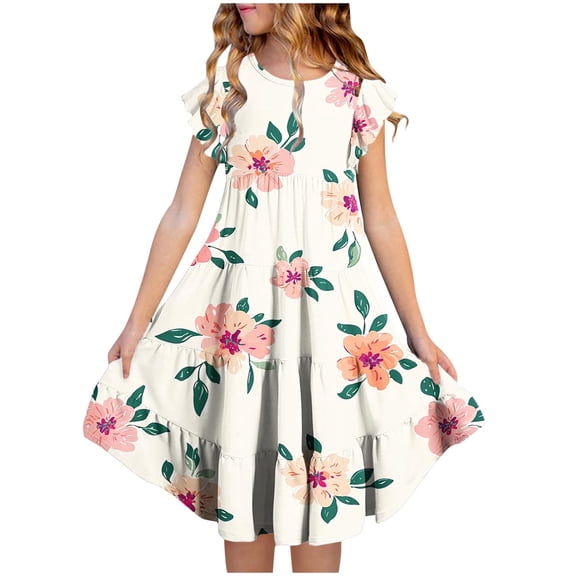 Girls Floral Ruffle Dress with Pockets Tiered Midi Summer Dress for Kids Ultra Soft Stretch Party Easter Dress,Size 8-9T
