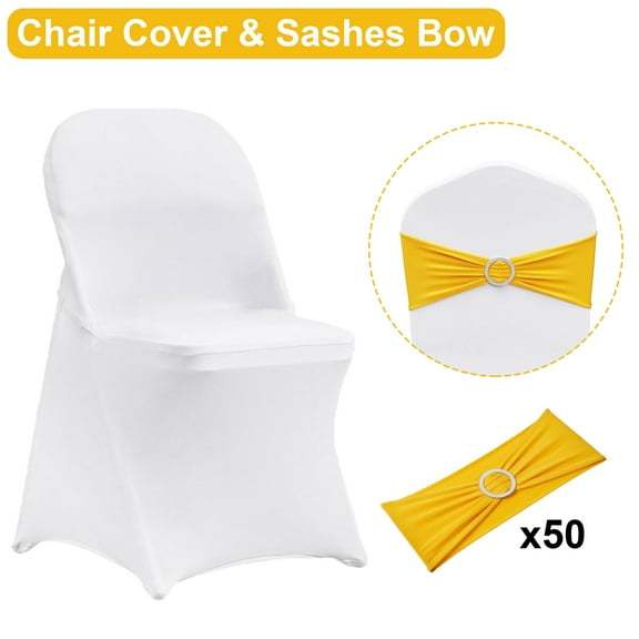 50PCS White Chair Cover   50PCS Chair Sashes Bands Folding Spandex Chair Protector for Party Wedding Banquet Event Decoration