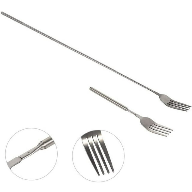 Boreal Craft Fourchette Extensible en Acier Inoxydable Fourchette Télescopique Fourchette Extensible Réglable 8,7 à 25,6 Pouces Fourchette Rétractable Manche Long Fourchette à Dîner pour BBQ Fruits Bâtons de Ramassage en Bois