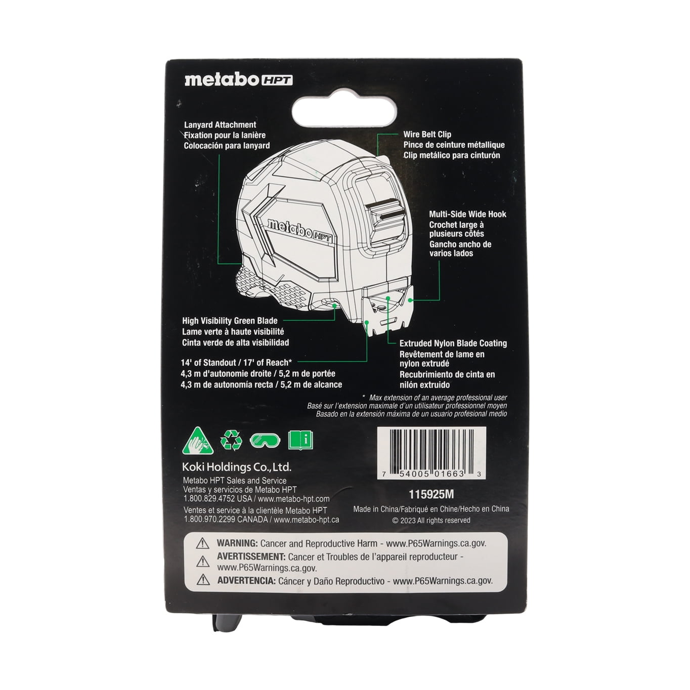 Metabo HPT 115925M 25 Ft Tape Measure, Wire Belt Clip and Lanyard Attachment