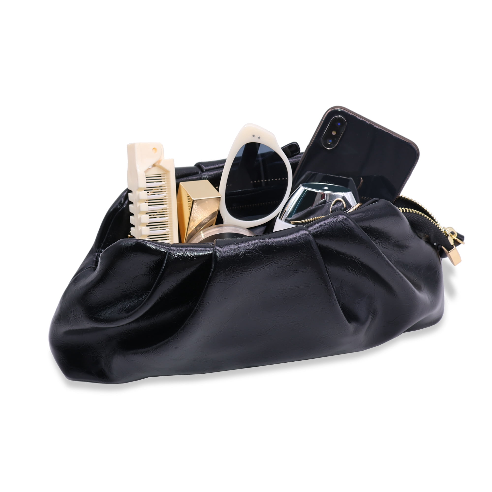 Milisente Womens Pleated Cloud Clutch Bag Shiny PU Leather Evening Purse Detachable Shoulder Strap For Wedding Prom Party(Black)