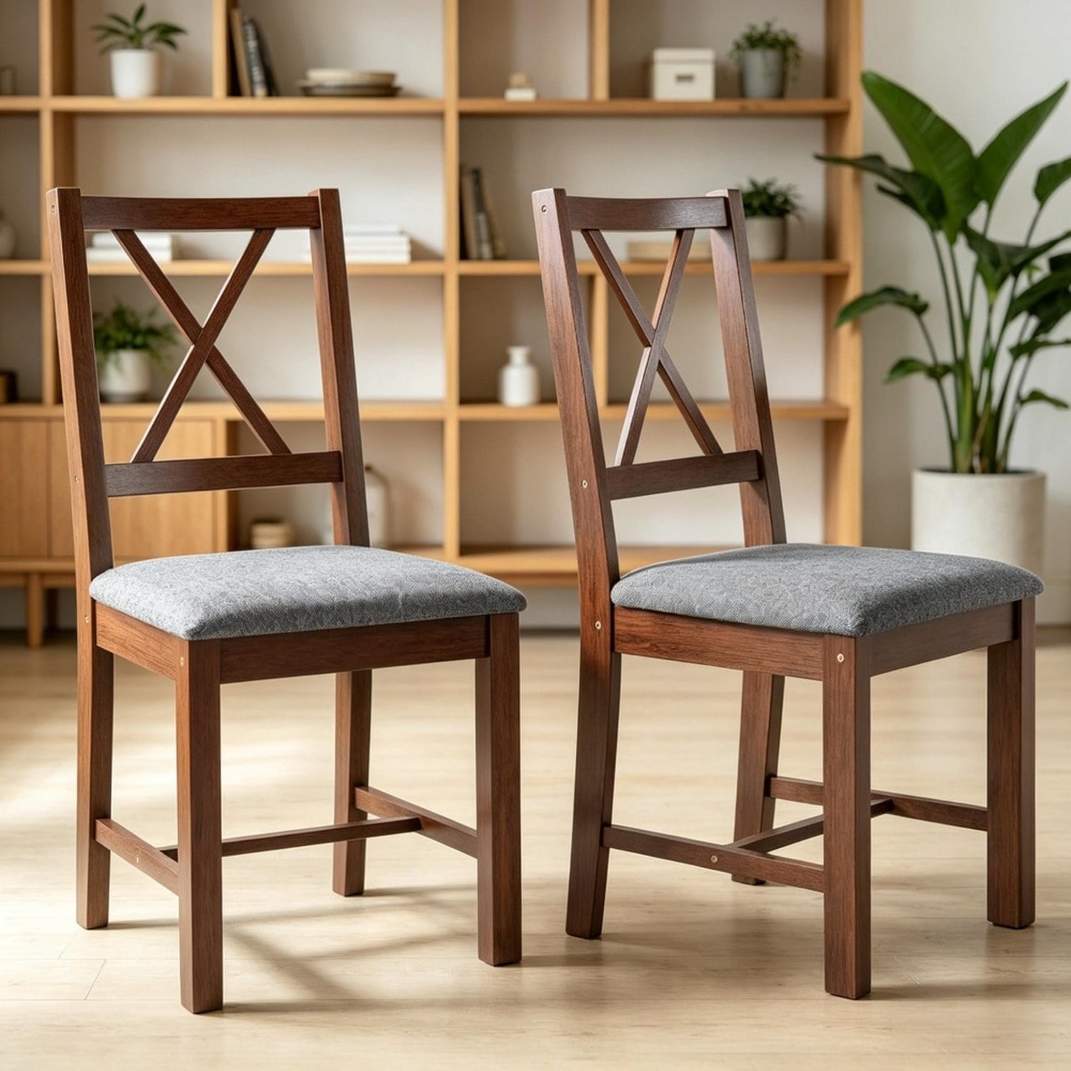 2-Piece Mid-Century Modern Dining Chairs, Walnut Finish with Gray Linen Upholstery, X-Back, Padded Seat, Solid Rubberwood, 264 lb Capacity
