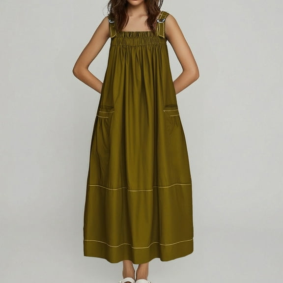 Maxi Dresses for Women Loose Pleated Overall Dress with Pocket Adjustable Straps for Casual Comfort Beach Cover Up Sundress