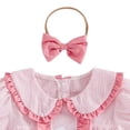 thumbnail image 6 of Ulanda Toddler Girl Easter Outfit Bunny Bow Embroidery Striped Print Short Sleeve Ruffle Dress with Headband Spring Clothes (Pink, 2-3 Years), 6 of 7