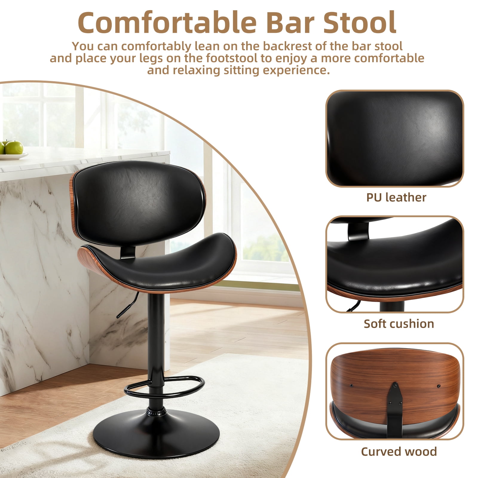 Swivel Bar Stools Set of 2 Adjustable Counter Barstools ,PU Leather Bentwood Stools Chairs with Footrest for Kitchen Island, Dining Room, Home Bar, Black