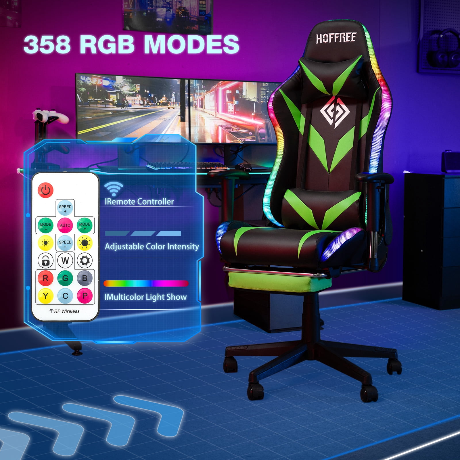 Hoffree Gaming Chair with Speakers Gamer Chair with Footrest and Massage Reclining Video Game Chair with Led Lights and Swivel Seat and Headrest and 2D Armrests for Adults